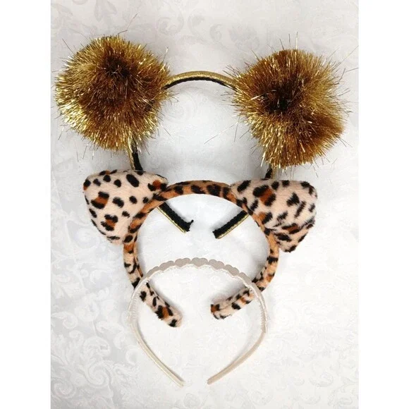 Girls Headband Lot  of 3: Gold LOL Surprise, Animal Print Cat Ears, Hearts