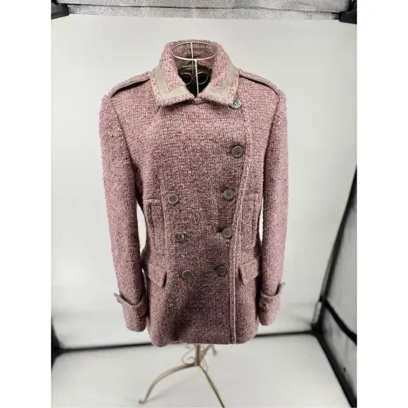 Coach Signature Pink Bouclé Wool Mohair Blend Double Breasted Coat Size 10