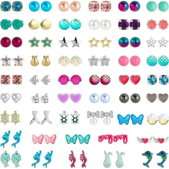 Mermaid and Ocean Theme Earring Set – 52 Pairs, Fun and Colorful Stud Earrings