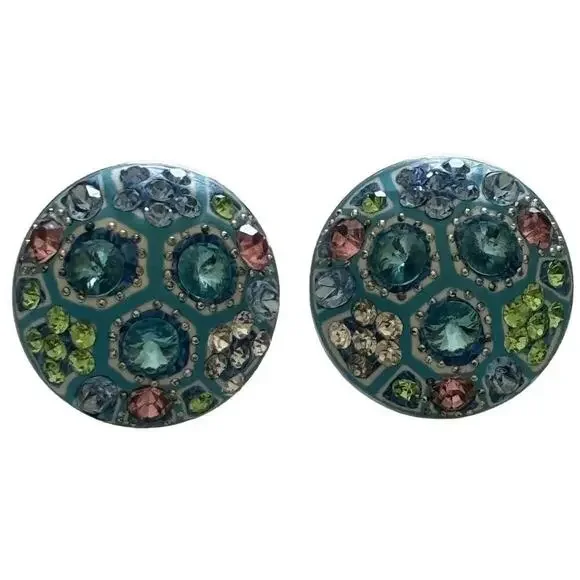 Multicolor Pastel Crystal Rhinestone Cluster Blue Dome Button Pierced Earrings