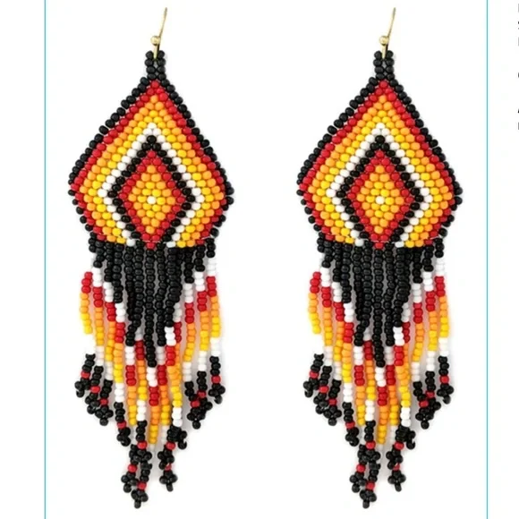 NWT Western Style Seed Bead Geometric Fringe Pierced Dangle Earrings in Red!