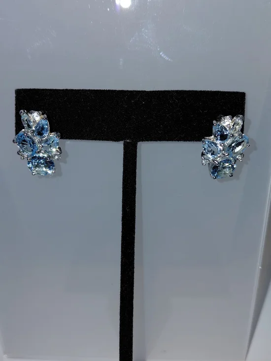 Blue Aquamarine SS 925 Cluster Halo Pierced Earrings