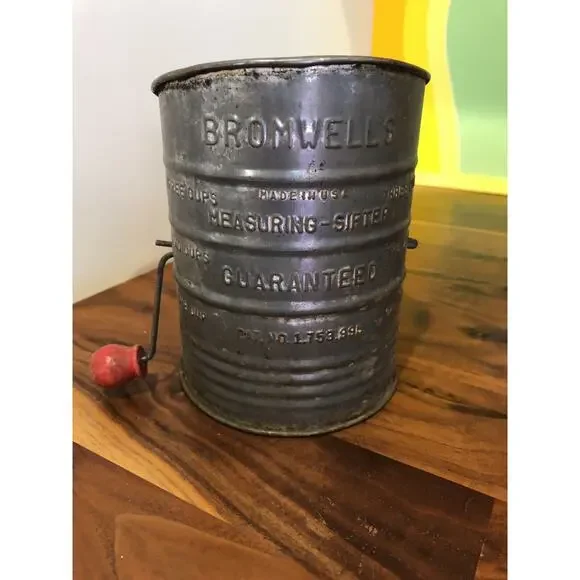 Antique Bromwell Metal Flour Sifter with Red Wood Knob Turn Handle USA
