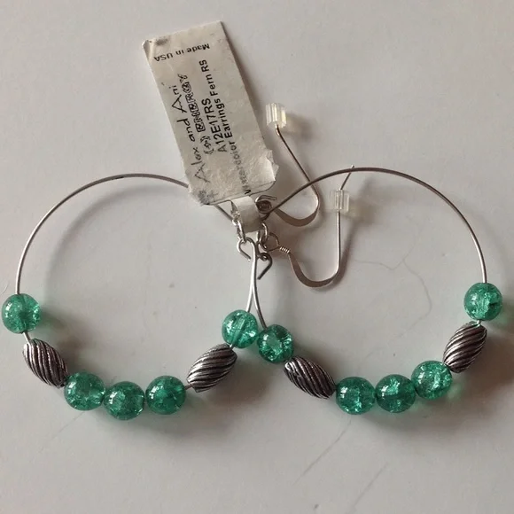 Alex And & Ani Watercolor Hoop Bead Earrings Silver Fern NEW