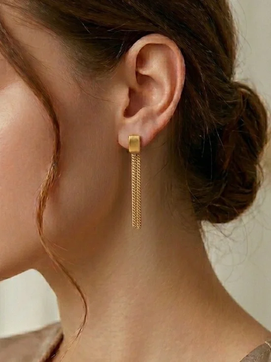 Yellow Gold Plated 925 Sterling Silver Dangle Tassel Snake Chain Earrings, 4.33g
