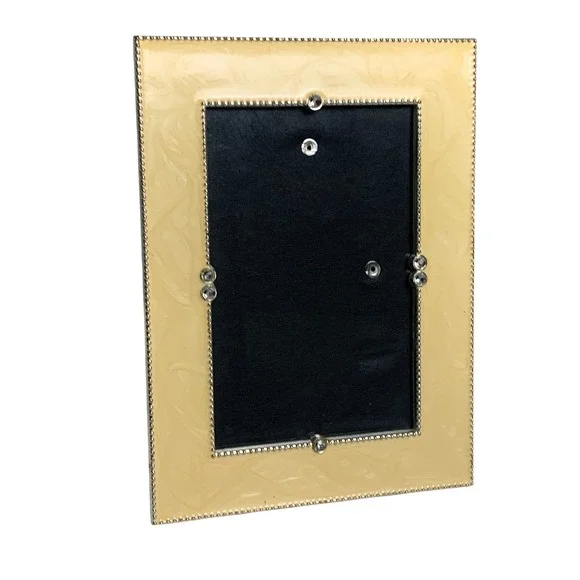 Cream Enamel Rhinestone Beaded 4x6 Picture Frame Silver Tone Marbled Tabletop