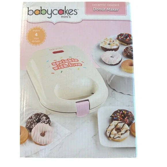Babycakes Mini Donut Maker Ceramic Coated Non-Stick Bakes 4 Donuts White Pink