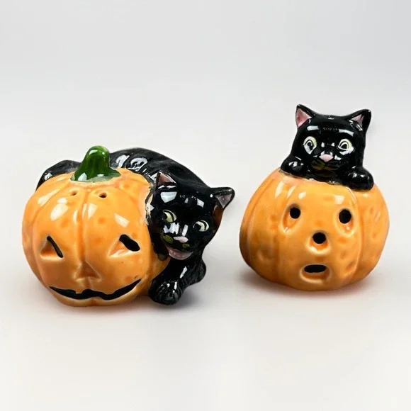 VTG Cat Jack O Lantern Pumpkin Salt & Pepper Shakers Halloween Rare MSR Imports