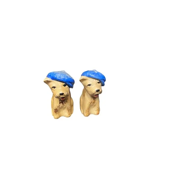 Vintage Ceramic Dog Salt and‎ Pepper Shakers Blue Berets Japan