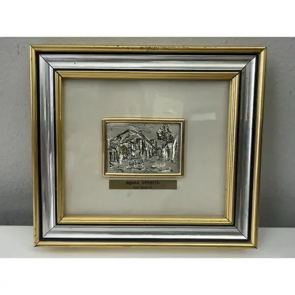 Vintage Roma Sparita Via Giulia Silver 925 Gold Leaf Italian Framed Art