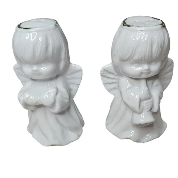 Vntg. Holiday Halo Angels Salt & Pepper‎ Shakers, White Porcelain, Pre-Owned