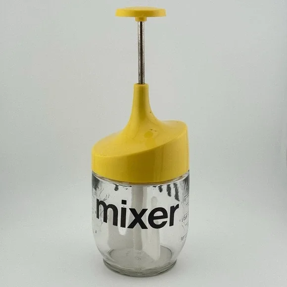Vtg MCM Gemco USA Push-Down Hand Mixer Glass Yellow Salad Dressing Sauces Creams