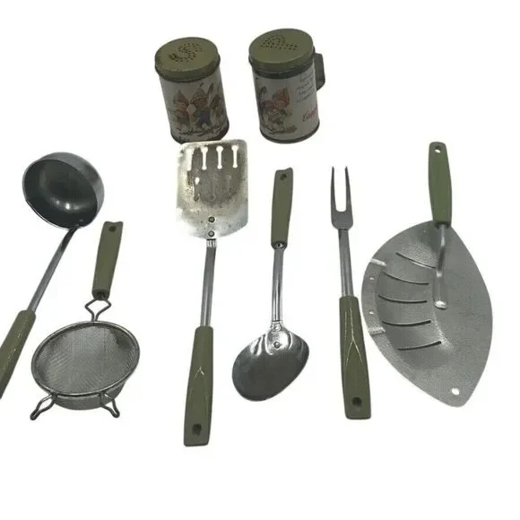 Vintage Chromium Plated Ekco USA Kitchen Utensil Lot Avocado Green Campbells S&P