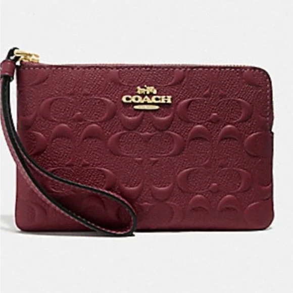 Coach Corner Zip Signature Leather Wristlet Wallet