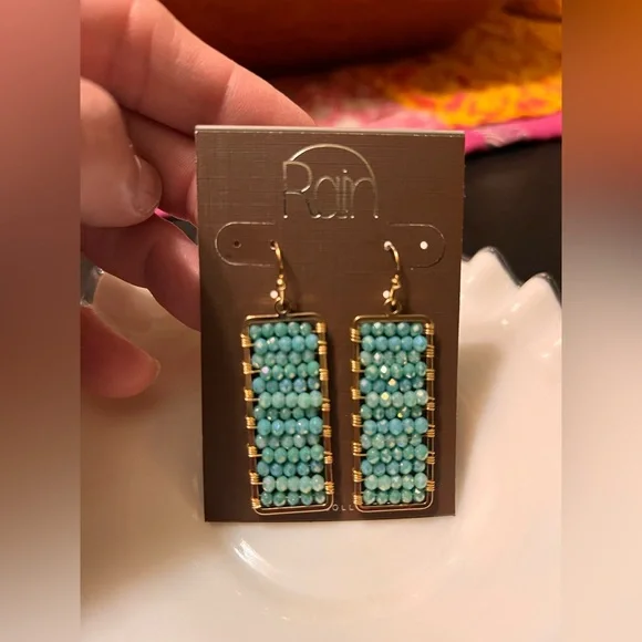 Gold-Trim Turquoise Beaded Rectangle Drop Earrings