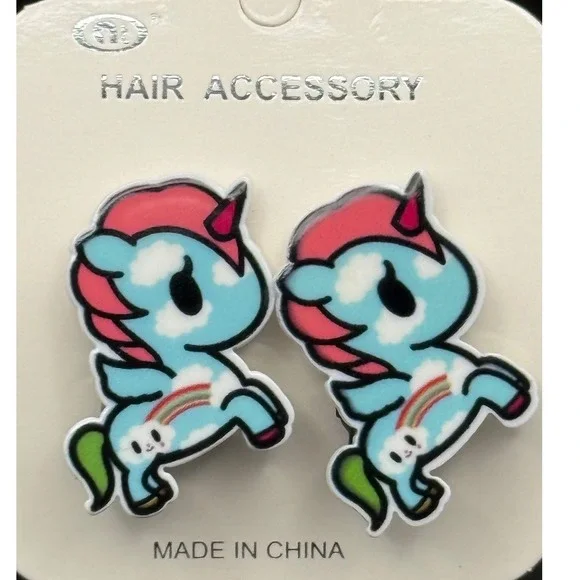 Unicorn Hair Clips Blue Pink Rainbow Pegasus Tokidoki Style Kawaii 2pc Set‎ NEW