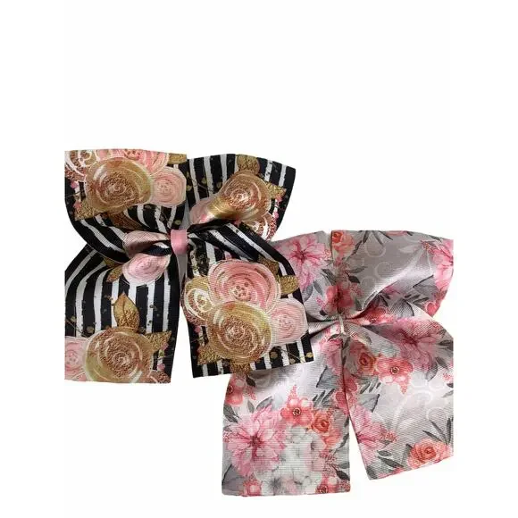 BUNDLE Girl’s Lot of 2 Multicolor Floral Hair Bow Ties NEW