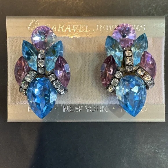 Vintage Austrian Crystal Handset Pierced Earrings New on Card 1.5