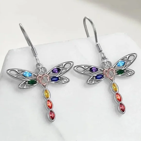 NWT Simply Beautiful Rainbow Faux Gemstone Dragonfly Pierced Dangle Earrings!