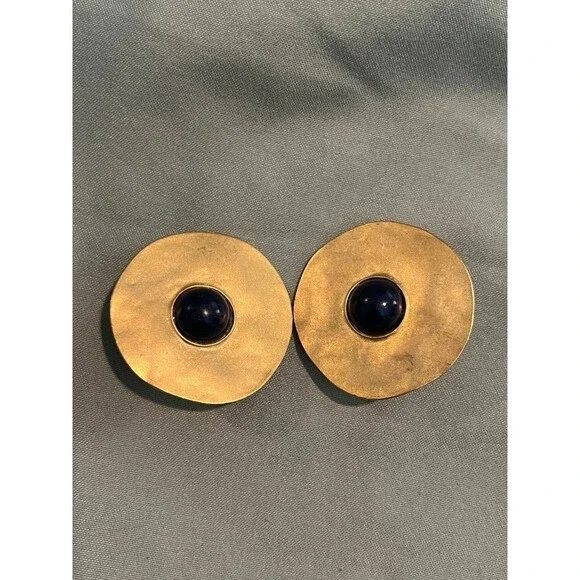Vintage Gold-Tone Clip-On Earrings with Black Cabochon Center