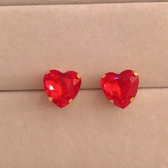 Siam Red + Gold Crystal Heart Earrings