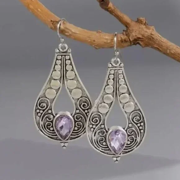 Silver Tone Water Drop Purple Gem Dangle Earrings