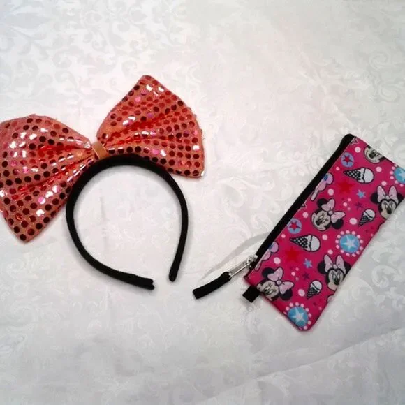 Minnie Mouse Bundle: Headband with Large Sequined Bow + Minnie Pink Pencil Case