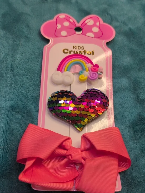 Kids Hair Bow & Sequin Heart Set - Black Bow with Multicolor Heart