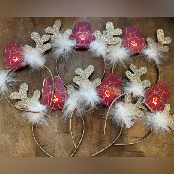 Gold Glitter Reindeer Headband White Feather Trim Christmas Holiday Set of 6