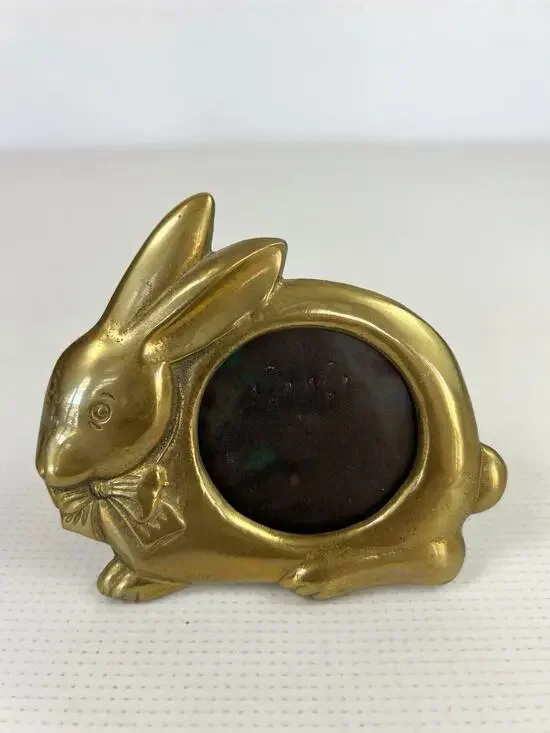 Vintage Bunny Rabbit Photo Picture Frame Brass Patina Metal Adorable Cottagecore