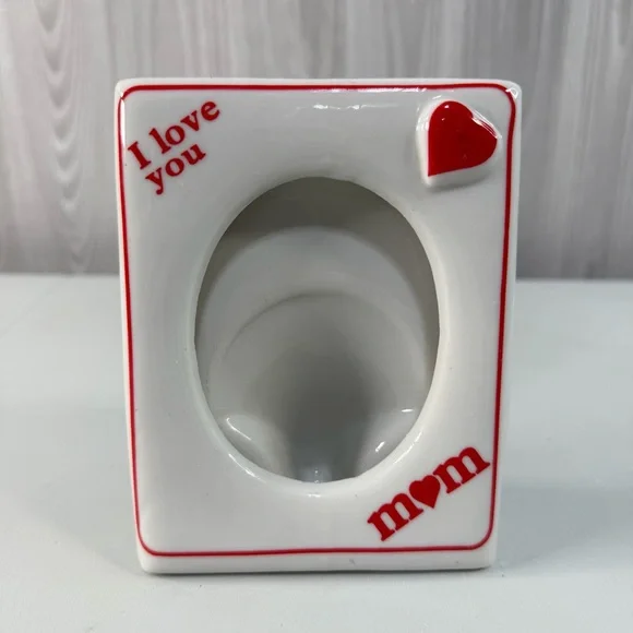 I Love You Mom” Picture Frame Red Heart Oval Photo Holder‎ Vintage Ceramic 5