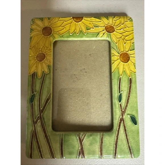 Vintage Yellow Flowers Stand Alone Ceramic Tabletop Picture Frame 4.5x3