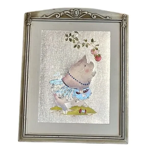 Vintage Framed Foil Pig in Tutu Print, at les, pears, ballet 9 x 11.5
