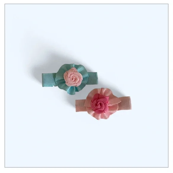 Girls Floral Hair Clips Pink and Blue Handmade