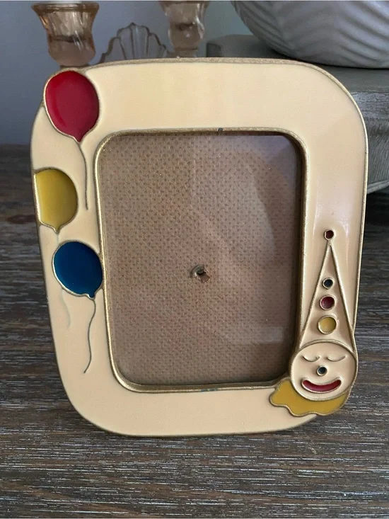 Vtg Bucklers Brass Enamel Clown Balloons Picture Frame Beige Red Yellow Blue 4x6