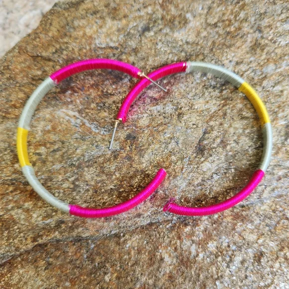 Hoop Earrings Pink Yellow Gray Wrapped Post Pierced Earrings