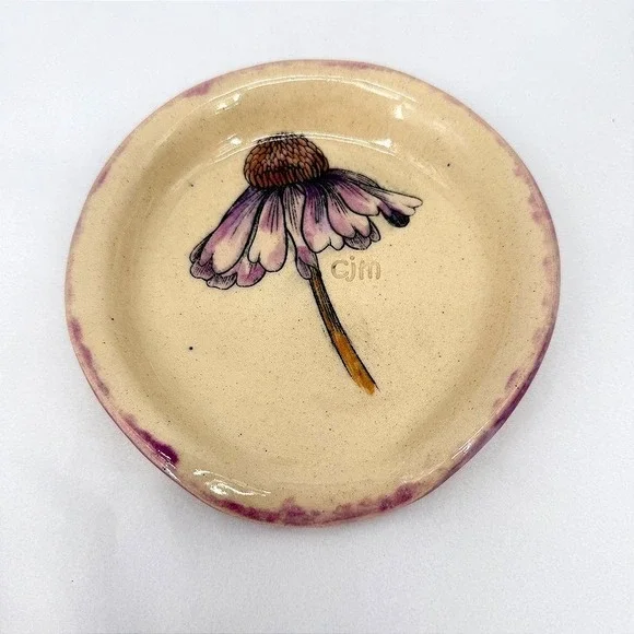 CJM Pottery Spoon Rest Dish Echinacea Floral Handmade Ceramic Kitchen Decor