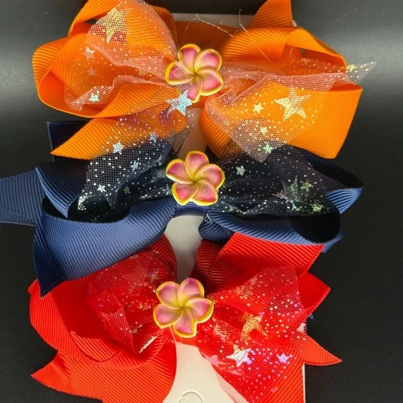 Girls 3 Pack Bows with Plumeria‎ Flower and Glitter Tulle Clips