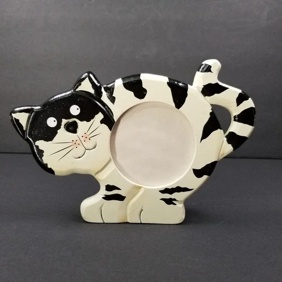 Whimsical Black and White Tuxedo‎ Cat Wooden Photo Frame Tabletop 7.5x5.5 NIB