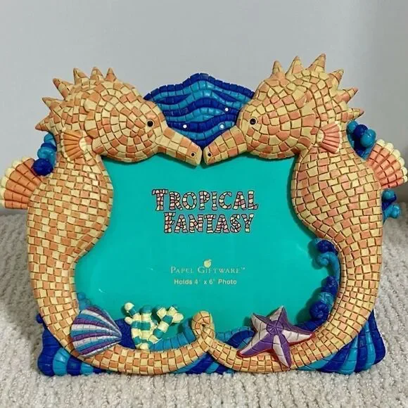 Vintage Colorful Seahorse Tropical Fantasy Picture Frame Tourist Gift Shop Flori
