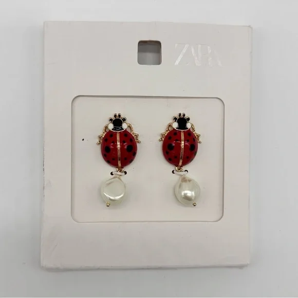 Zara Ladybug Pearl Drop Earrings