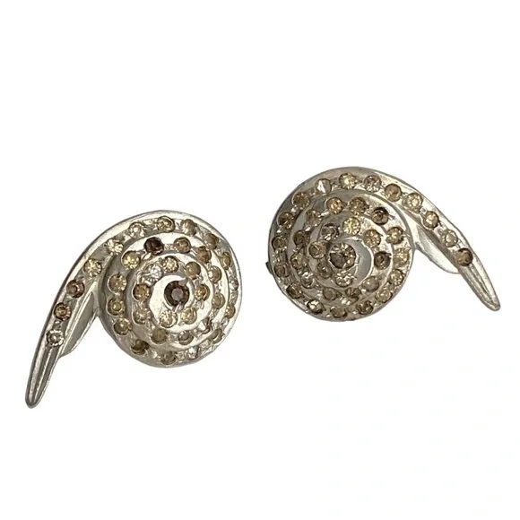 Vintage Art Deco Rhinestone Silver Earrings Swirl Clip‎ On 40s 50s Retro
