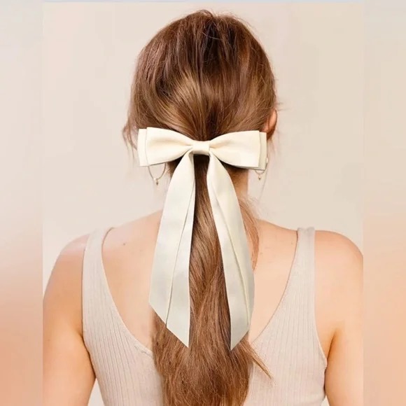 Elegant Beige Silky Satin Hair Bow Clip