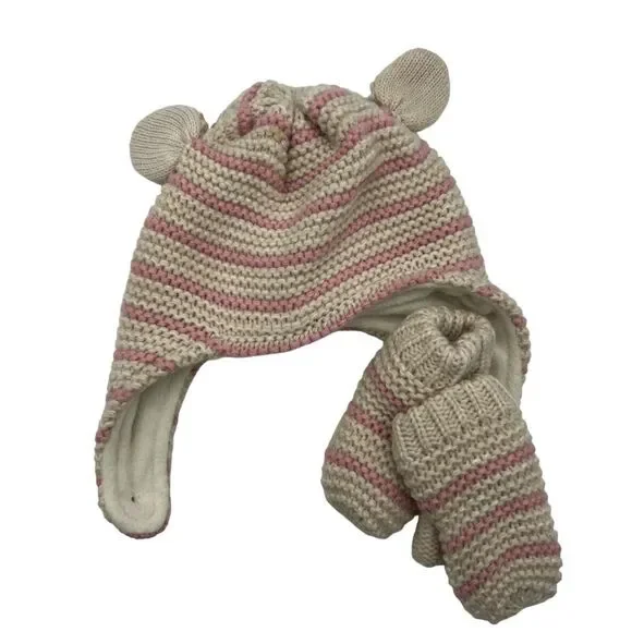 Baby Boden Knitted Beanie and Mittens Striped Hat, Size 12-24 Months, Pink/Beige