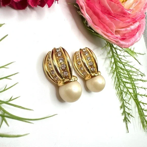 VINTAGE⚜️RETRO Golden Pearl Crystal Drop Earrings