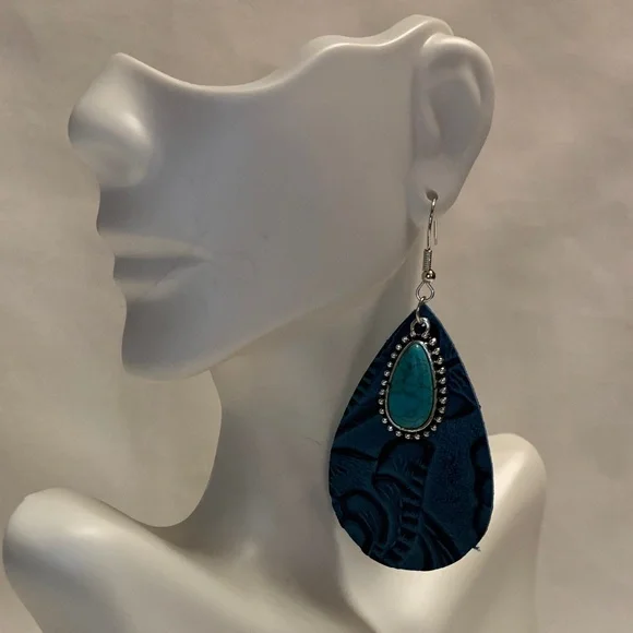 NWT! Leather Dyed Blue & Embossed with Faux Turquoise Stone Dangle Earrings!