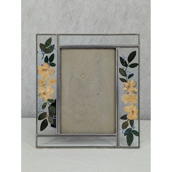 Pressed Flower Glass Picture Frame Silver Yellow Floral Cottagecore 7.75x7