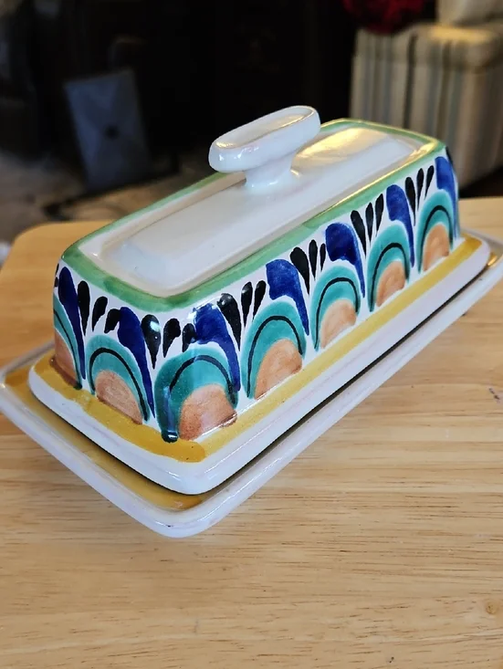 Hand Painted 2 Piece Ceramic Rectangular Butter Dish w/lid