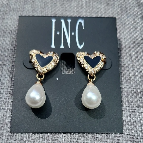 INC International Concepts Gold and Pearl Heart Drop Earrings