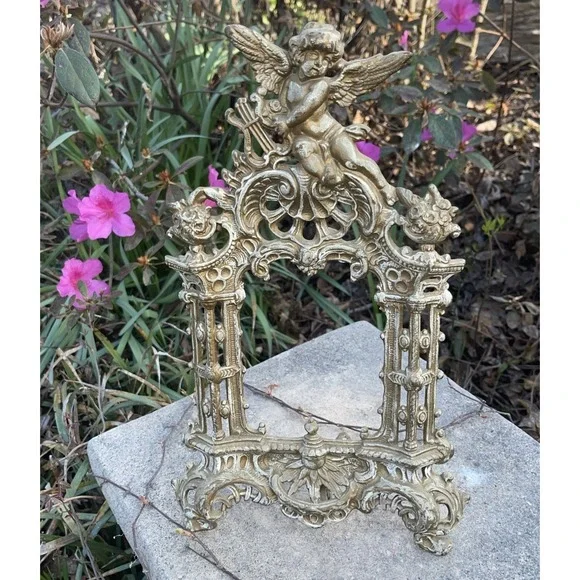 Rare Cherub Antique Ornate Cast Iron Angel Harp Picture Photo Frame 14